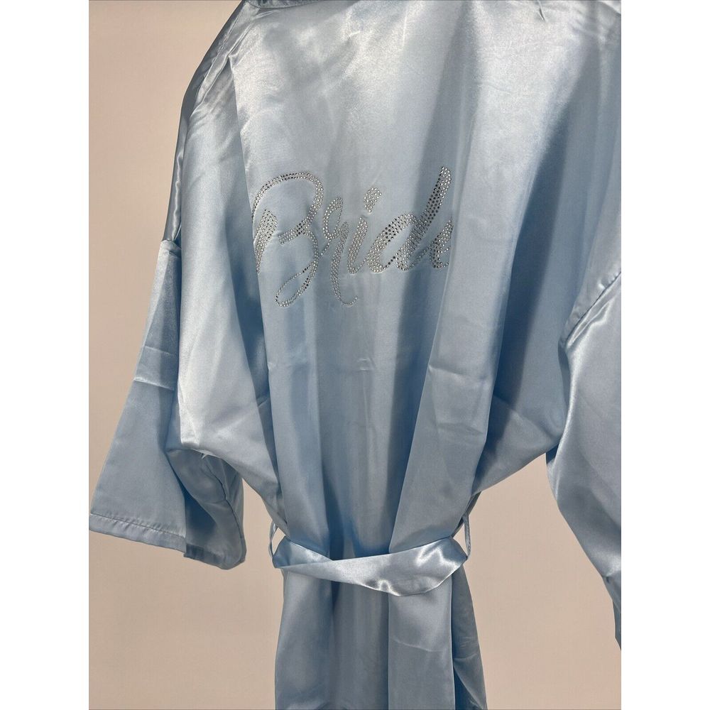 Satin Blue Bride Rhinestone Silk Bath Robe - Picture 8 of 9